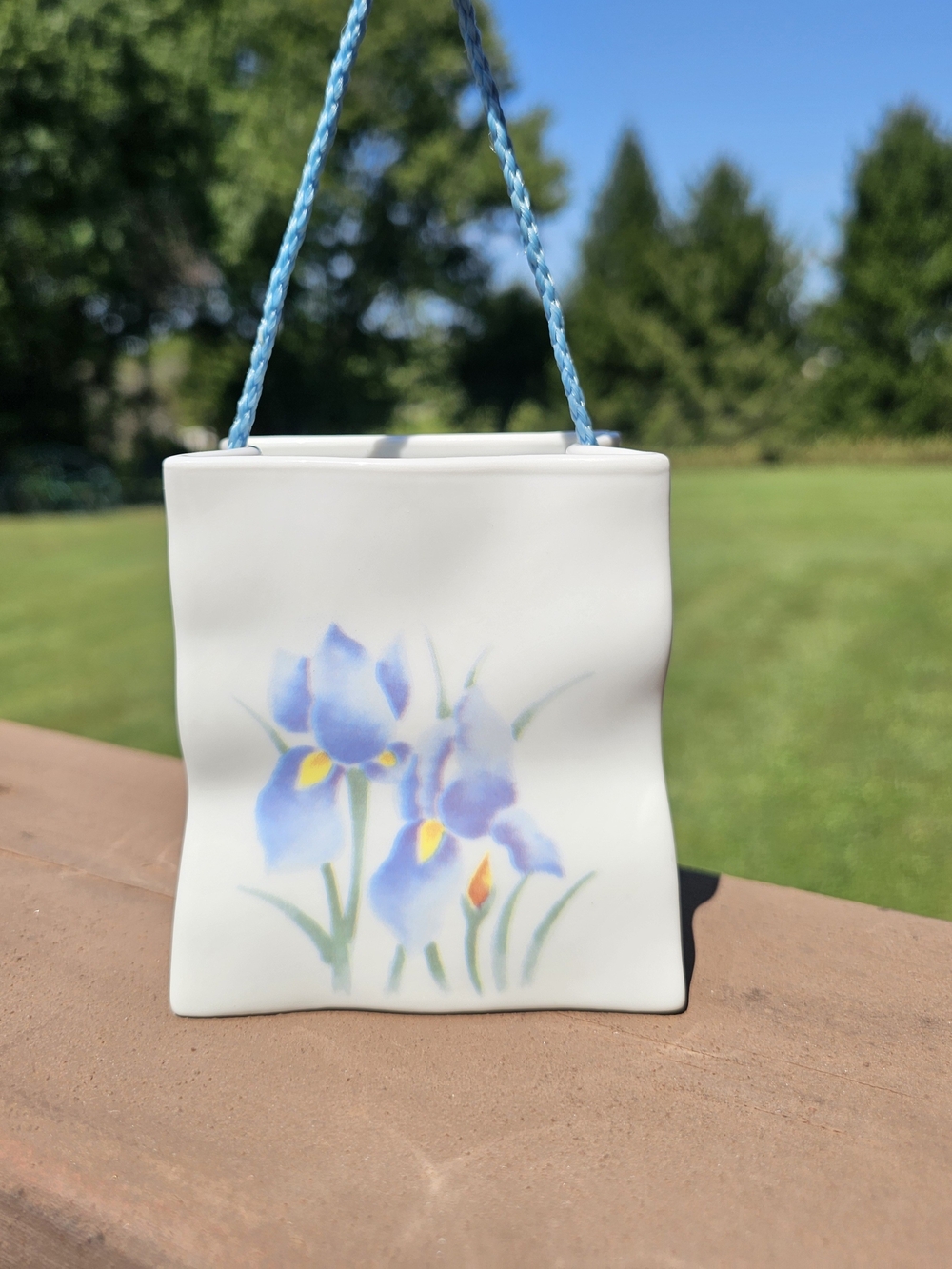 Vintage White Ceramic Floral Mini Purse Bag Planter with Blue Iris Accent